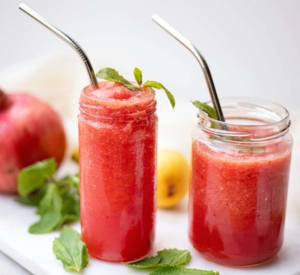 watermelon slushies in jars with straws